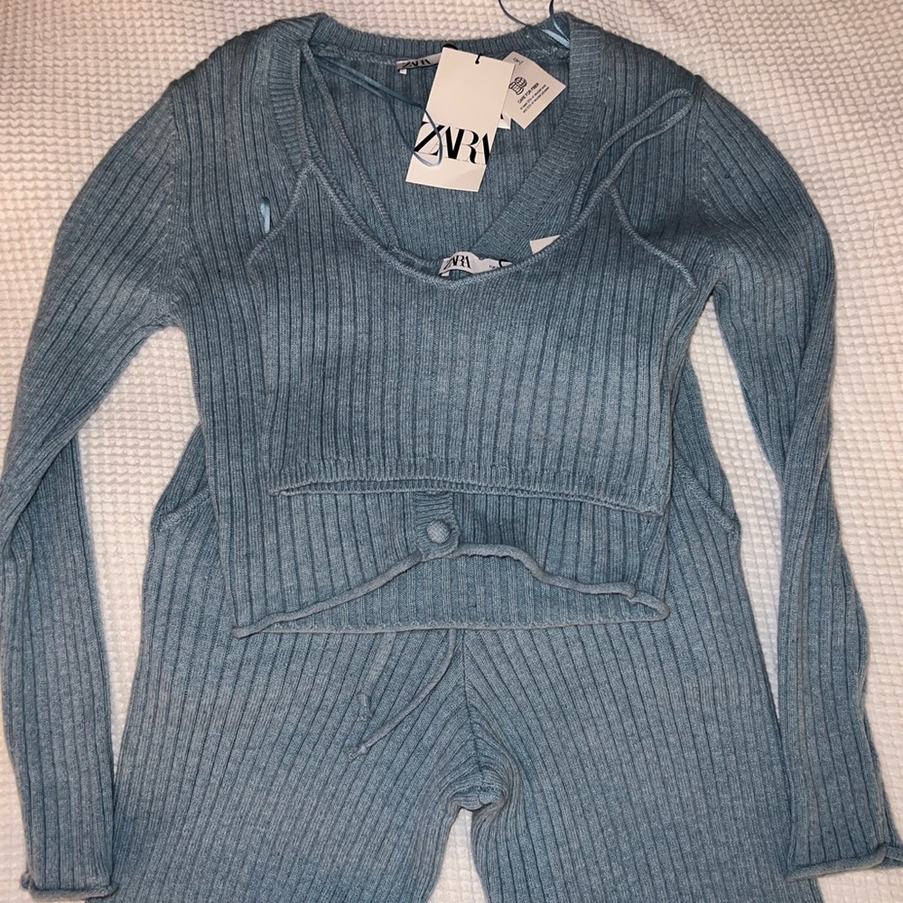 Zara Blue Ribbed Sweater Cardigan Set